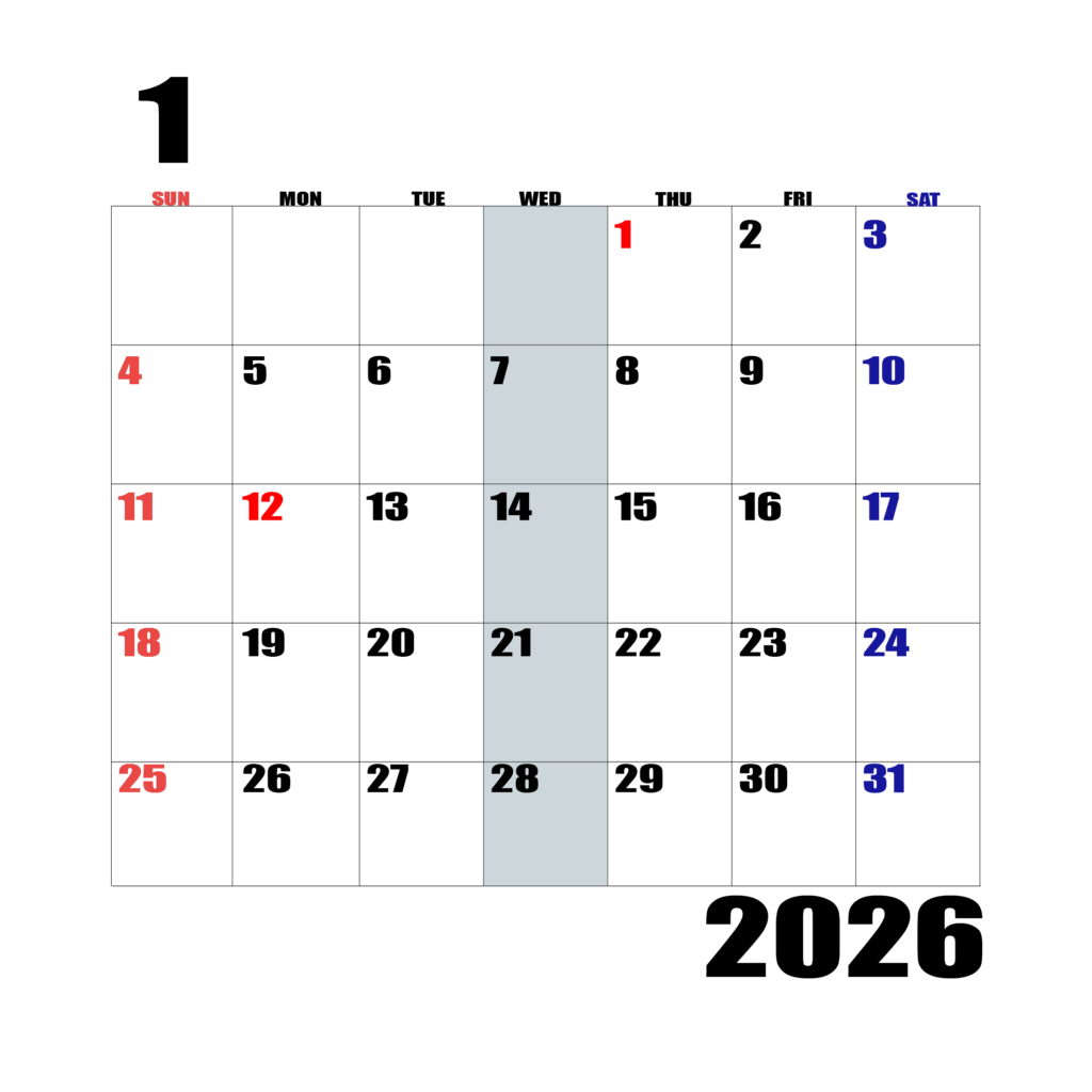2026年日曜始まりのカレンダー1月
日曜日赤字、土曜日青字、水曜日の枠全体をグレーで塗りつぶし
マスの左上に日付
字体IMPACT
カレンダーサイズ約1750×1400px
PNG　背面透過
WEB用に最適
