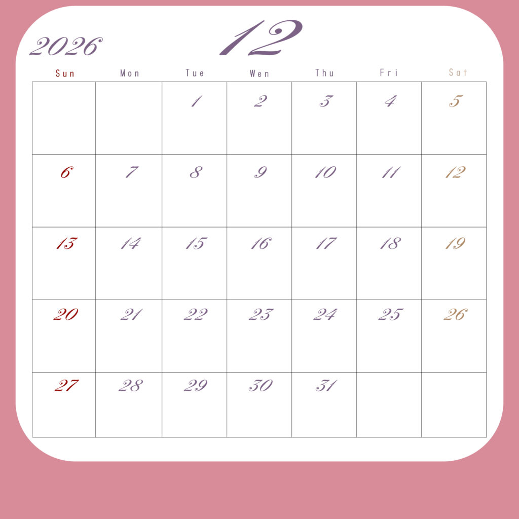 2026年月間カレンダー１２月
日曜は赤、土曜は茶色、その他の平日は紫
背景はピンク、中央に白地のカレンダーグリッド