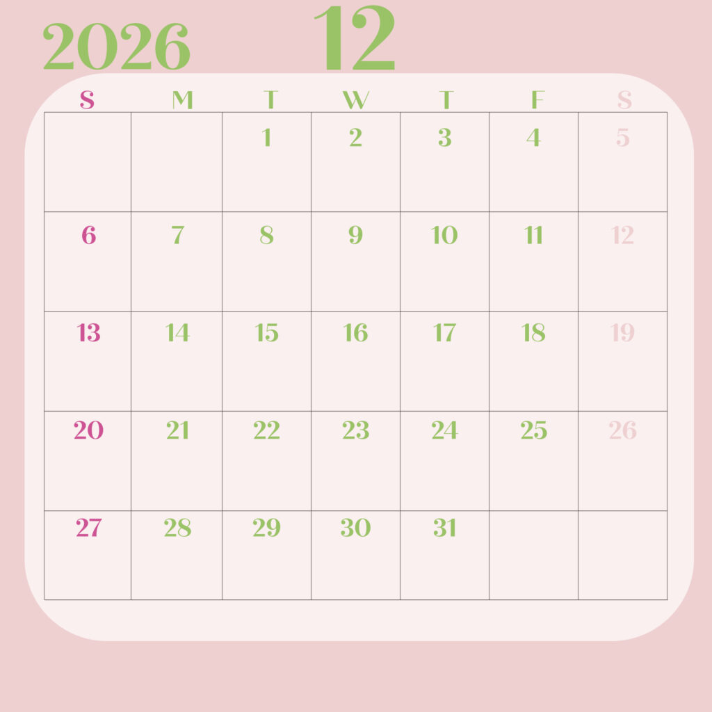 日曜日始まりの2026年のカレンダー１２月のまとめPDF
淡いピンク背景に緑の文字で構成され曜日は英語の頭文字で表示
日曜日は濃いピンク、土曜日は薄いピンク
JPEG
サイズ2000×2000px