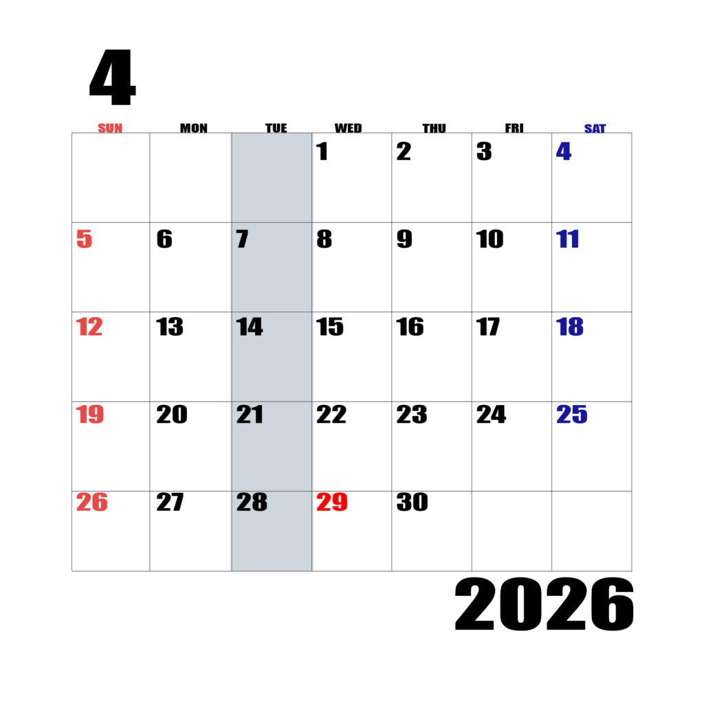 2026年日曜始まりのカレンダー4
月
日曜日赤字、土曜日青字、火曜日の枠全体をグレーで塗りつぶし
マスの左上に日付
字体IMPACT
サイズ約1750×1400px
PNG 背面透過
WEB用に最適