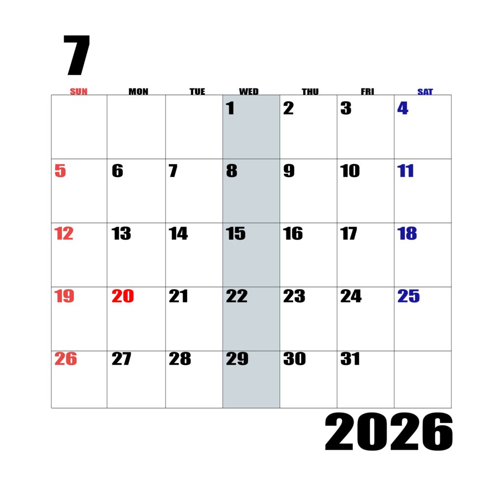 2026年日曜始まりのカレンダー7
月
日曜日赤字、土曜日青字、水曜日の枠全体をグレーで塗りつぶし
マスの左上に日付
字体IMPACT
カレンダーサイズ約1750×1400px
PNG　背面透過
WEB用に最適