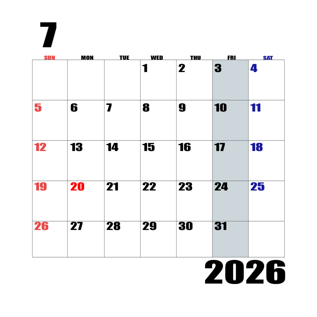 2026年日曜始まりのカレンダー7月
日曜日赤字、土曜日青字、金曜日の枠全体をグレーで塗りつぶし
マスの左上に日付
字体IMPACT
カレンダーサイズ約1750×1400px
PNG 　背面透過
WEB用に最適