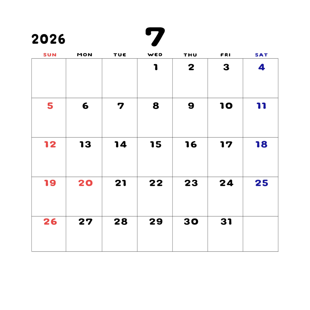 2026年日曜始まりのカレンダー7月
日曜日赤字、土曜日青字
マスの中央上部に日付
字体はADSコリダンス
カレンダーサイズ約1750×1400px
PNG
WEB用に最適