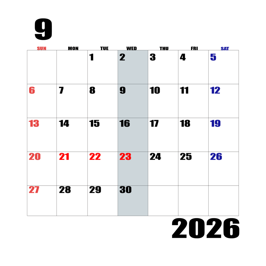 2026年日曜始まりのカレンダー9
月
日曜日赤字、土曜日青字、水曜日の枠全体をグレーで塗りつぶし
マスの左上に日付
字体IMPACT
カレンダーサイズ約1750×1400px
PNG　背面透過
WEB用に最適