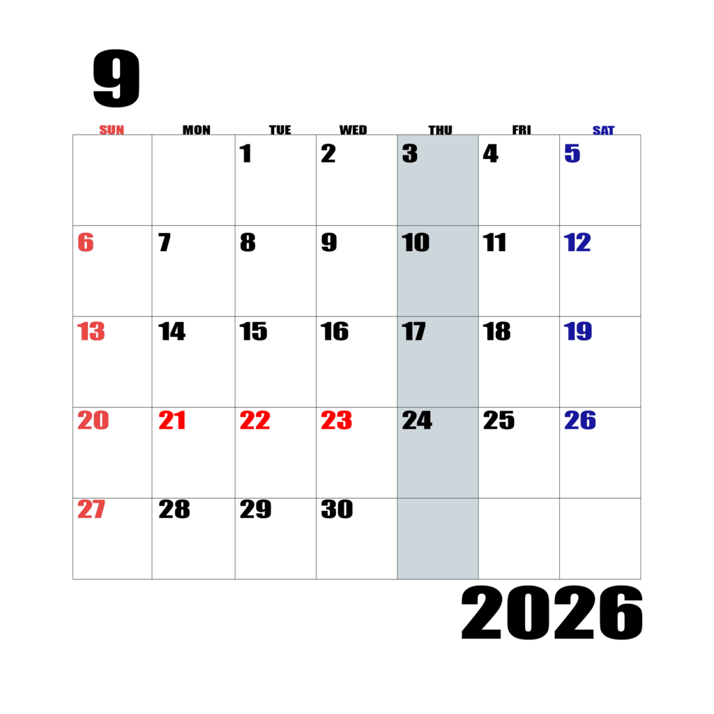 2026年日曜始まりのカレンダー9月
日曜日赤字、土曜日青字、木曜日の枠全体をグレーで塗りつぶし
マスの左上に日付
字体IMPACT
カレンダーサイズ約1750×1400px
PNG　背面透過
WEB用に最適