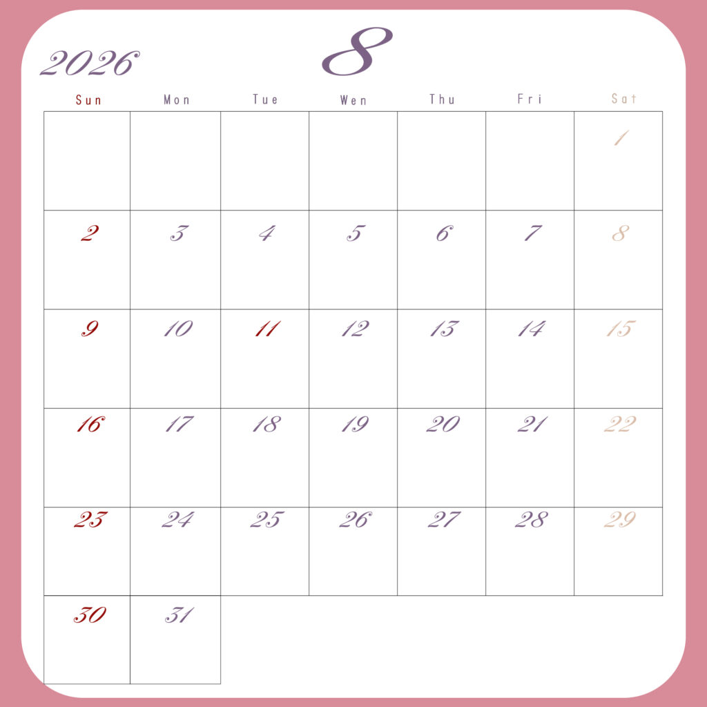 2026年月間カレンダー8月
日曜は赤、土曜は茶色、その他の平日は紫
背景はピンク、中央に白地のカレンダーグリッド