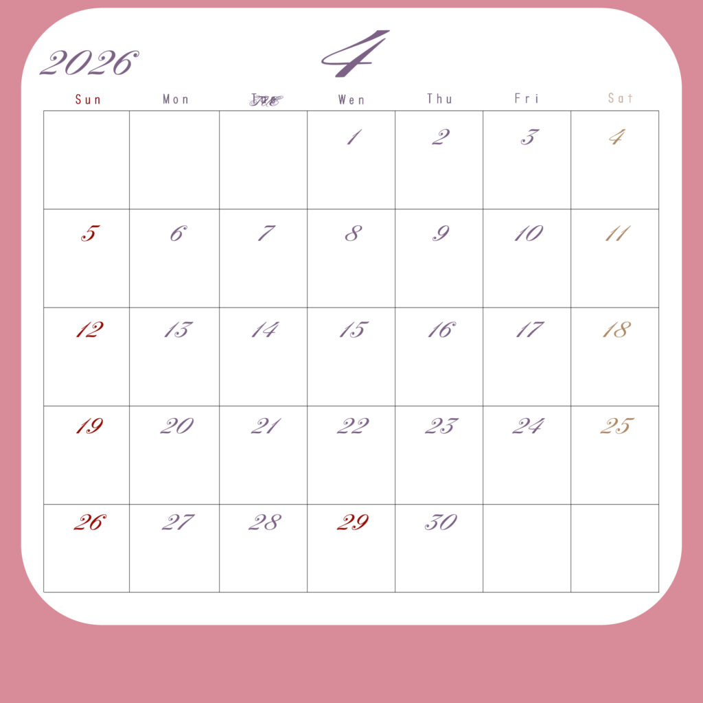 2026年月間カレンダー４月
日曜は赤、土曜は茶色、その他の平日は紫
背景はピンク、中央に白地のカレンダーグリッド
