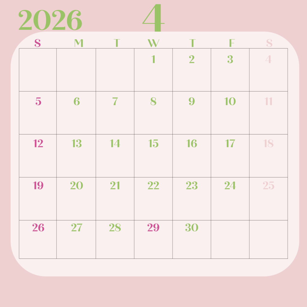 日曜日始まりの2026年のカレンダー４月
淡いピンク背景に緑の文字で構成され曜日は英語の頭文字で表示
日曜日は濃いピンク、土曜日は薄いピンク
JPEG
サイズ2000×2000px
インスタ投稿などに最適のサイズ