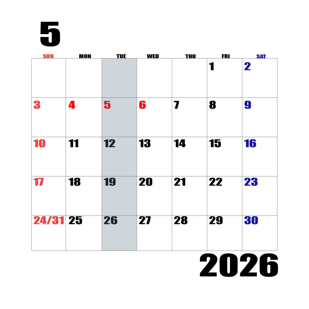 2026年日曜始まりのカレンダー５月
日曜日赤字、土曜日青字、火曜日の枠全体をグレーで塗りつぶし
マスの左上に日付
字体IMPACT
サイズ約1750×1400px
JPEG100