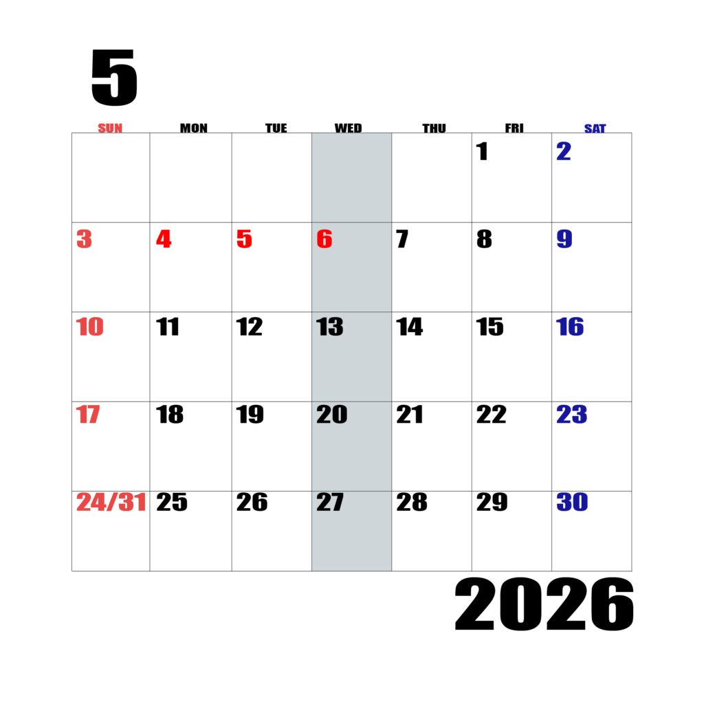2026年日曜始まりのカレンダー5
月
日曜日赤字、土曜日青字、水曜日の枠全体をグレーで塗りつぶし
マスの左上に日付
字体IMPACT
カレンダーサイズ約1750×1400px
JPEG
WEB用に最適