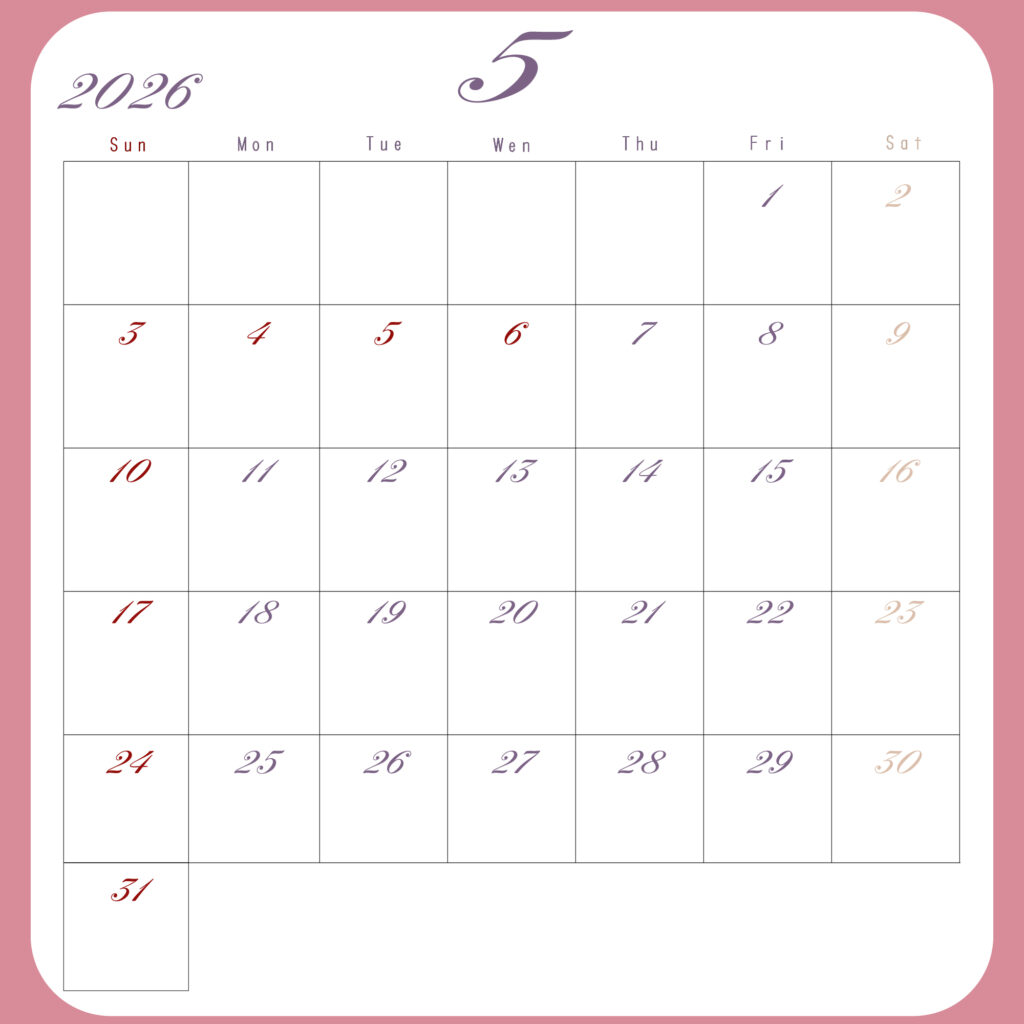 2026年月間カレンダー５月
日曜は赤、土曜は茶色、その他の平日は紫
背景はピンク、中央に白地のカレンダーグリッド