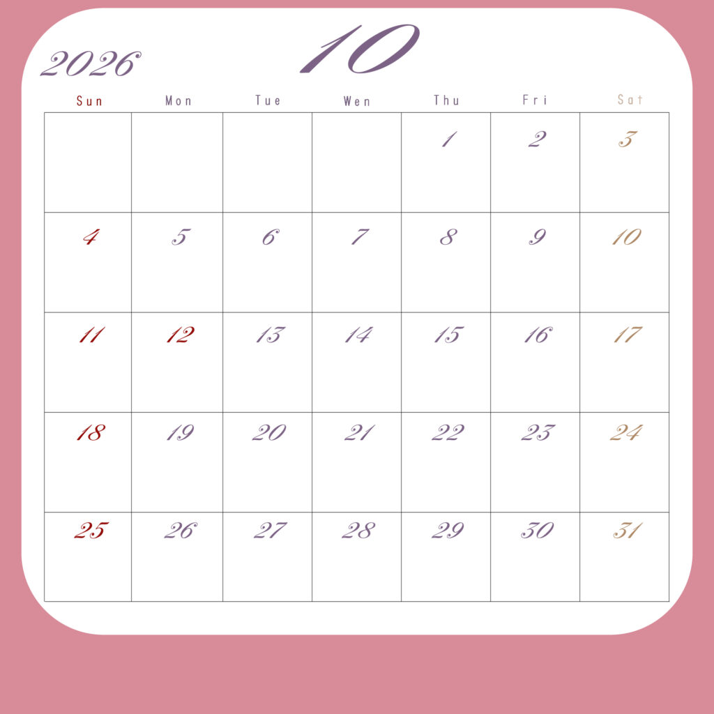 2026年月間カレンダー１０月
日曜は赤、土曜は茶色、その他の平日は紫
背景はピンク、中央に白地のカレンダーグリッド
