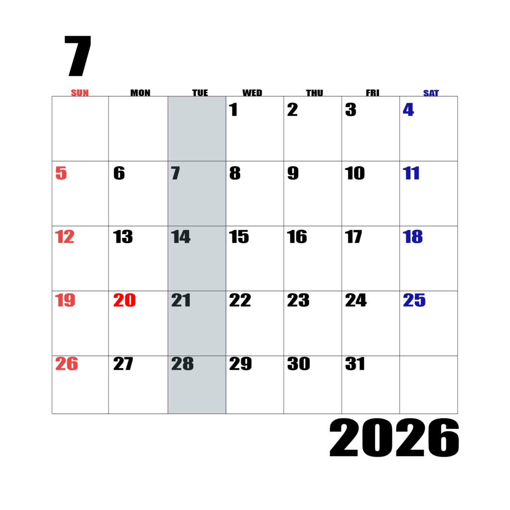 2026年日曜始まりのカレンダー７月
日曜日赤字、土曜日青字、火曜日の枠全体をグレーで塗りつぶし
マスの左上に日付
字体IMPACT
サイズ約1750×1400px
JPEG100