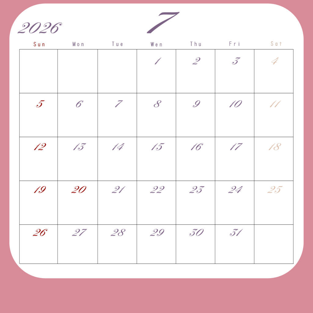 2026年月間カレンダー7月
日曜は赤、土曜は茶色、その他の平日は紫
背景はピンク、中央に白地のカレンダーグリッド