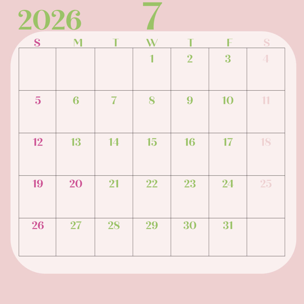 日曜日始まりの2026年のカレンダー７月
淡いピンク背景に緑の文字で構成され曜日は英語の頭文字で表示
日曜日は濃いピンク、土曜日は薄いピンク
JPEG
サイズ2000×2000px
インスタ投稿などに最適のサイズ