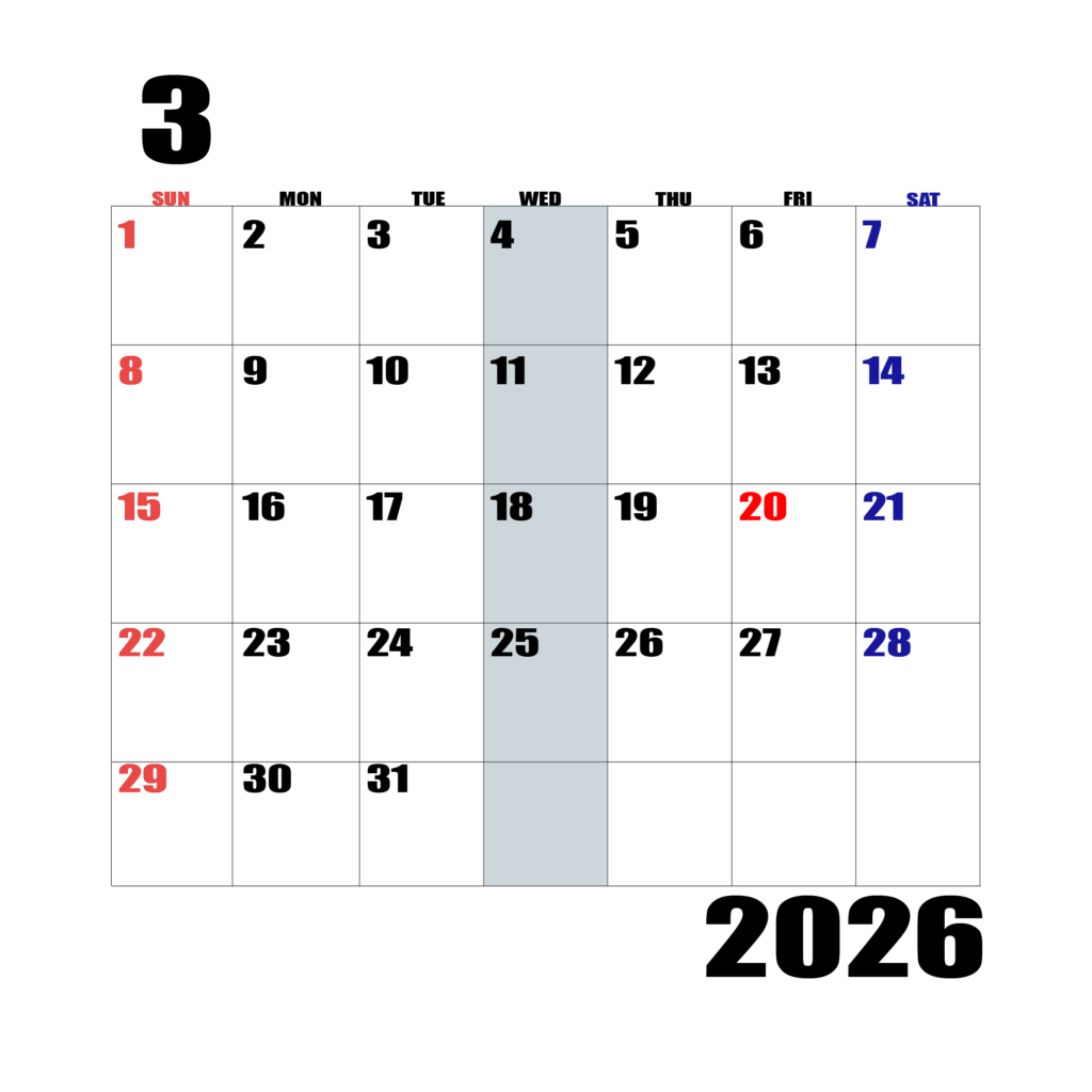 2026年日曜始まりのカレンダー3
月
日曜日赤字、土曜日青字、水曜日の枠全体をグレーで塗りつぶし
マスの左上に日付
字体IMPACT
カレンダーサイズ約1750×1400px
PNG　背面透過
WEB用に最適