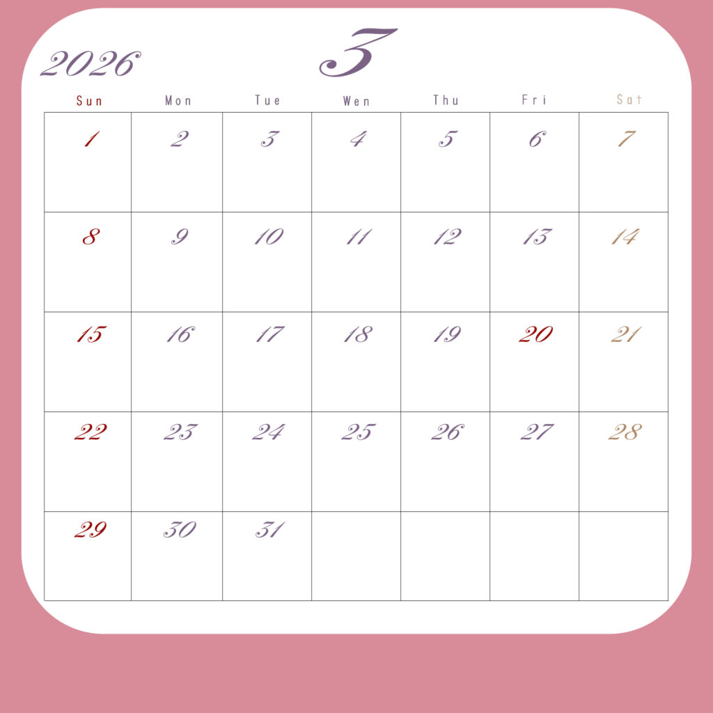 2026年月間カレンダー3月
日曜は赤、土曜は茶色、その他の平日は紫
背景はピンク、中央に白地のカレンダーグリッド