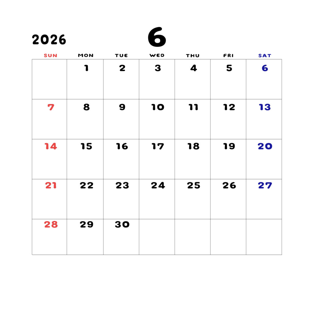 2026年日曜始まりのカレンダー6月
日曜日赤字、土曜日青字
マスの中央上部に日付
字体はADSコリダンス
カレンダーサイズ約1750×1400px
JPEG
WEB用に最適