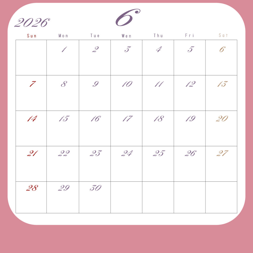 2026年月間カレンダー6月
日曜は赤、土曜は茶色、その他の平日は紫
背景はピンク、中央に白地のカレンダーグリッド