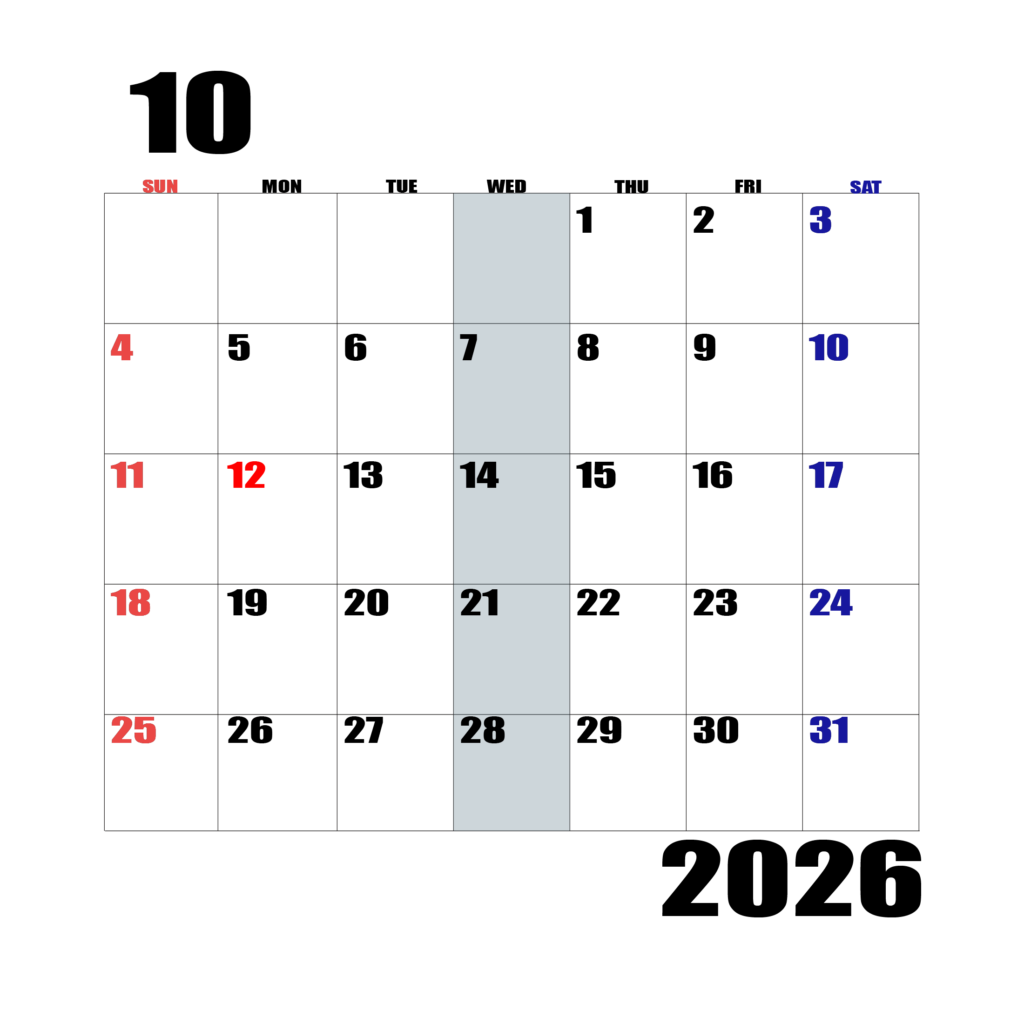 2026年日曜始まりのカレンダー10月
日曜日赤字、土曜日青字、水曜日の枠全体をグレーで塗りつぶし
マスの左上に日付
字体IMPACT
カレンダーサイズ約1750×1400px
PNG　背面透過
WEB用に最適