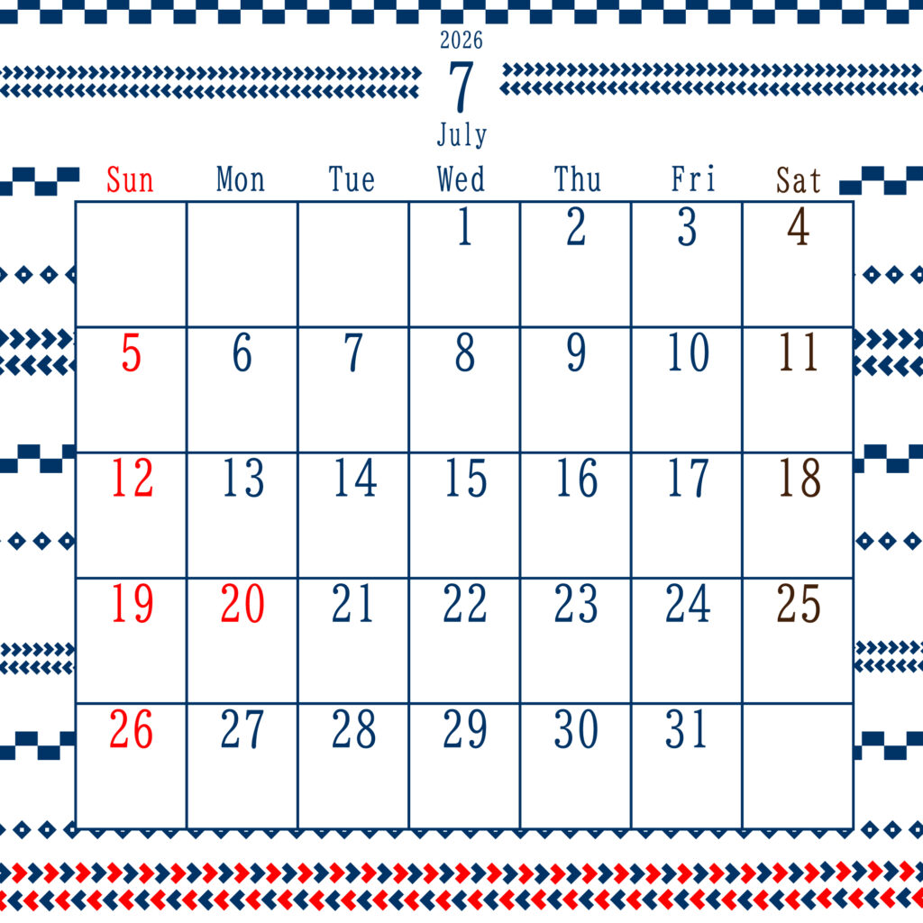 2026年7月のカレンダー
中央上部に“January 2026”と表示され、日曜は赤、土曜は茶色、平日は青
上下に編み物の青と赤の装飾が施された、北欧風デザイン
サイズ2000×2000PX
JPEG