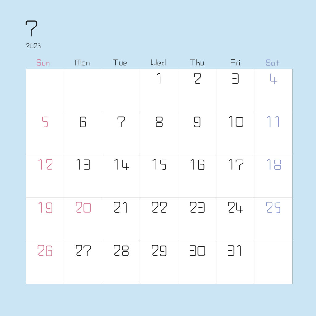 2026年７月の月間カレンダー
上部左寄せで2026と１の数字
日曜始まりで、日曜はピンク、土曜は水色で表されている
枠が薄い水色
サイズ2000×2000PX
JPEG