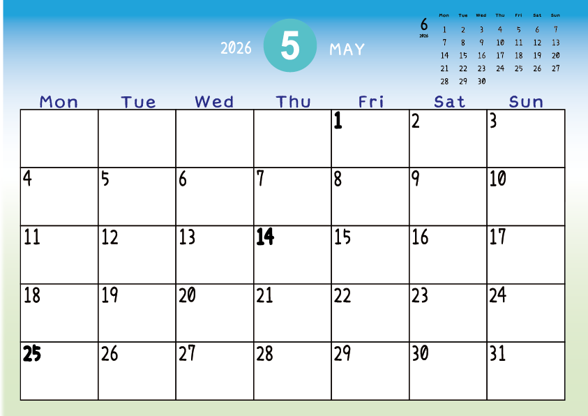 2026年5月　
月曜始まりカレンダー
青から緑へのグラデーション背景に、右上に翌月のミニカレンダーを配置したデザイン
主なEUHolidayが太字
A Monday-start May 2026 calendar with a blue-to-green gradient background and a small preview of the June 2026 calendar in the upper right corner, with major EU holidays shown in bold.