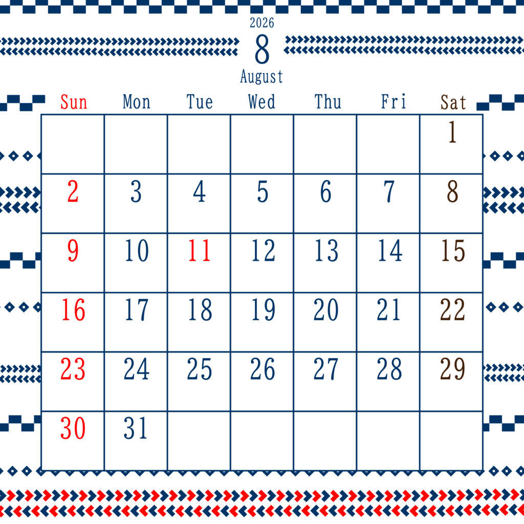 2026年8月のカレンダー
中央上部に“January 2026”と表示され、日曜は赤、土曜は茶色、平日は青
上下に編み物の青と赤の装飾が施された、北欧風デザイン
サイズ2000×2000PX
JPEG