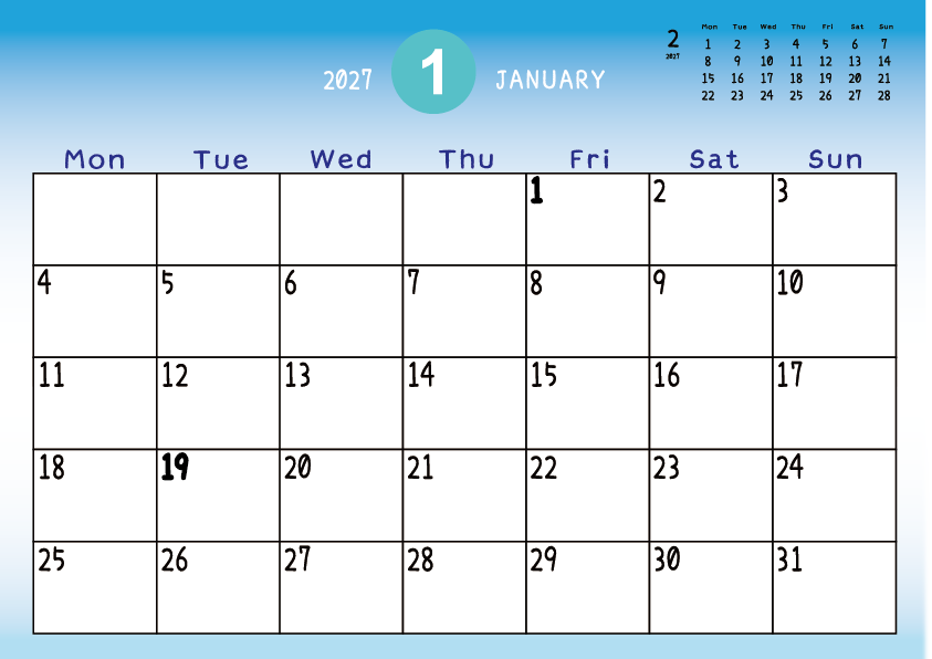 2027年1月　
月曜始まりカレンダー
青のグラデーション背景に、右上に翌月のミニカレンダーを配置したデザイン
主なUSHolidayが太字
A Monday-start January 2027 calendar with a blue gradient background and a small preview of the February 2027 calendar in the upper right corner, with major US holidays shown in bold.