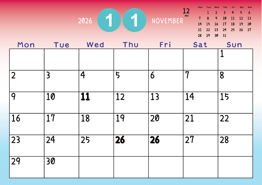 2026年11月　
月曜始まりカレンダー
赤から青へのグラデーション背景に、右上に翌月のミニカレンダーを配置したデザイン
主なUSHolidayが太字
A Monday-start November 2026 calendar with a red-to-blue gradient background and a small preview of the July 2026 calendar in the upper right corner, with major US holidays shown in bold.