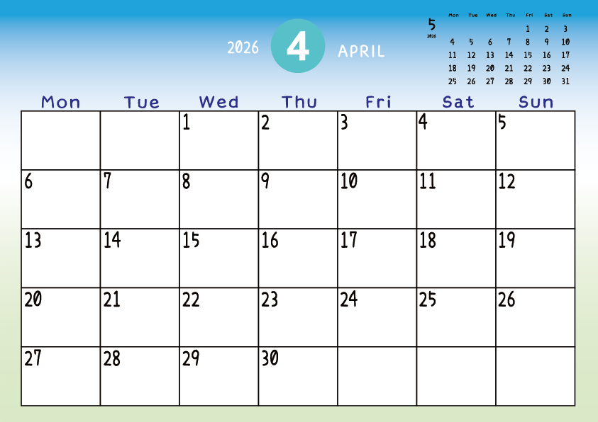 2026年4月　
月曜始まりカレンダー
青から緑へのグラデーション背景に、右上に翌月のミニカレンダーを配置したデザイン
主なUSHolidayが太字
A Monday-start April 2026 calendar with a blue-to-green gradient background and a small preview of the May 2026 calendar in the upper right corner, with major US holidays shown in bold.