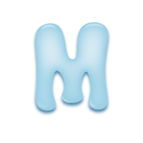 パステルブルーの立体的な光沢を持つアルファベットのミニマルでかわいいアイコンM