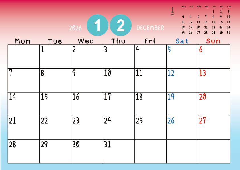 2026年12月　
月曜始まりカレンダー
赤から青へのグラデーション背景に、右上に翌月のミニカレンダーを配置したデザイン
平日が黒、土曜日が青、日曜祝日が赤字
A Monday-start December 2026 calendar with a red-to-blue gradient background and a small preview of the January 2027 calendar in the upper right corner, with weekdays in black, Saturdays in blue, and Sundays and holidays in red.
