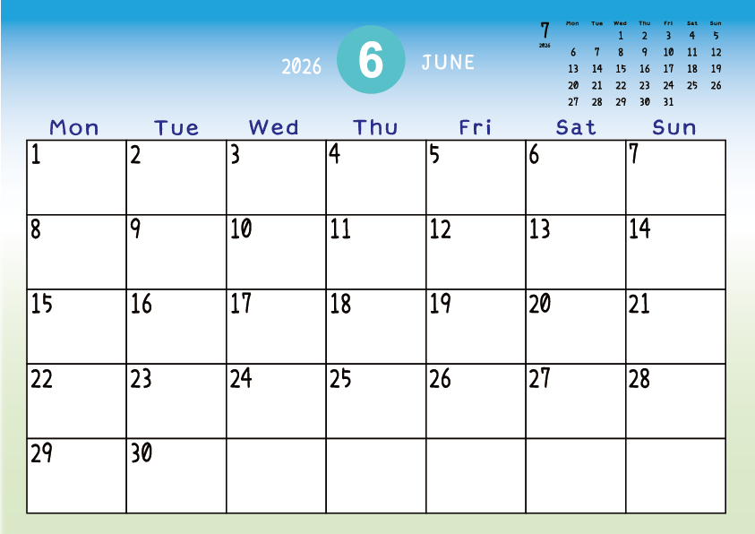 2026年6月
月曜始まりカレンダー
青から緑へのグラデーション背景に、右上に翌月のミニカレンダーを配置したデザイン
A Monday-start June 2026 calendar with a blue-to-green gradient background and a small preview of the July 2026 calendar in the upper right corner.