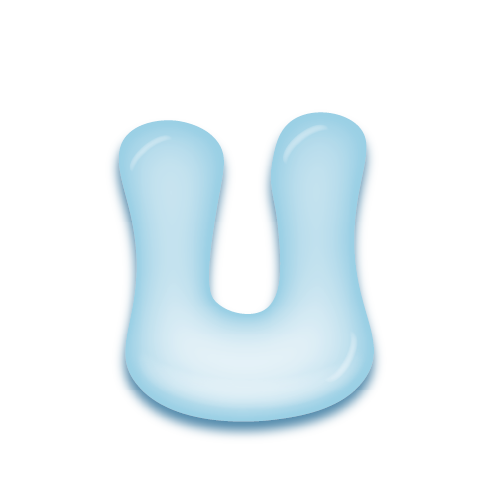 パステルブルーの立体的な光沢を持つアルファベットのミニマルでかわいいアイコンU