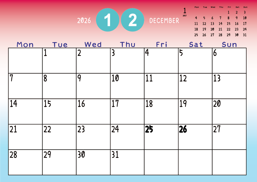 2026年12月　
月曜始まりカレンダー
赤から青へのグラデーション背景に、右上に翌月のミニカレンダーを配置したデザイン
主なEUHolidayが太字
A Monday-start December 2027 calendar with a red-to-blue gradient background and a small preview of the January 2028 calendar in the upper right corner, with major EU holidays shown in bold.