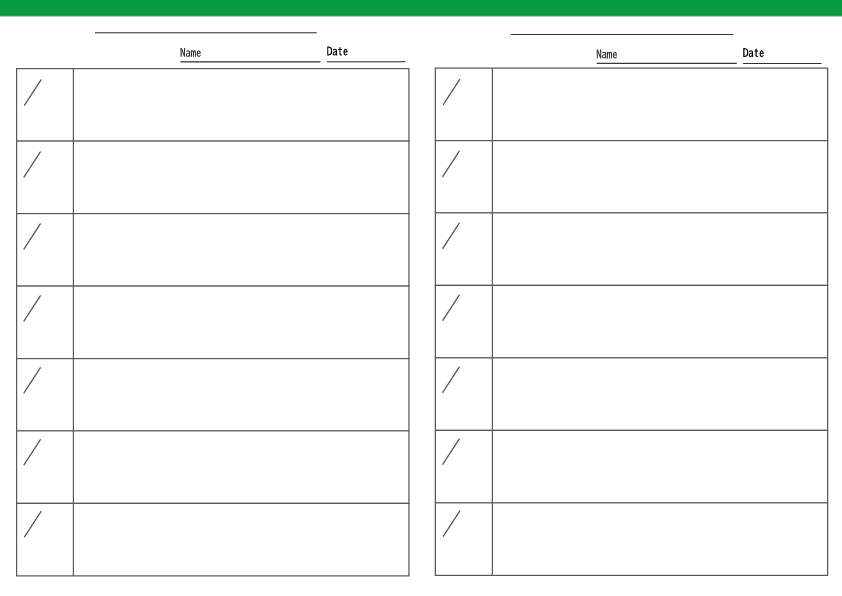 子ども用の週間予定表。
A4横向きで縦2列のシンプルな学習用プリント
上部に緑のライン。上中央にタイトル用のスペース、週間予定の枠の上右側に名前Nameと日付Dateの表記欄下線で表示
Weekly schedule worksheet for kids, A4 horizontal layout with two vertical columns.with a green line at the top.