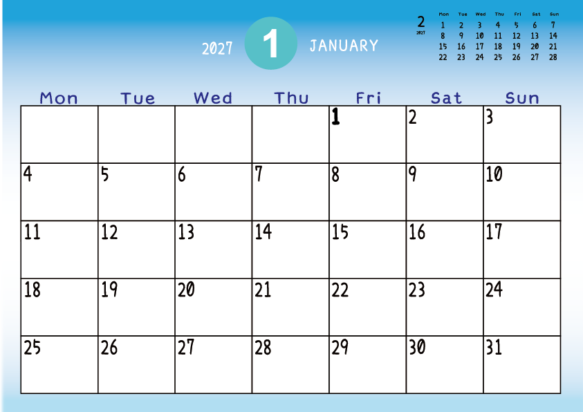 2027年1月　
月曜始まりカレンダー
青のグラデーション背景に、右上に翌月のミニカレンダーを配置したデザイン
主なEUHolidayが太字
A Monday-start January 2027 calendar with a blue gradient background and a small preview of the February 2027 calendar in the upper right corner, with major US holidays shown in bold.
