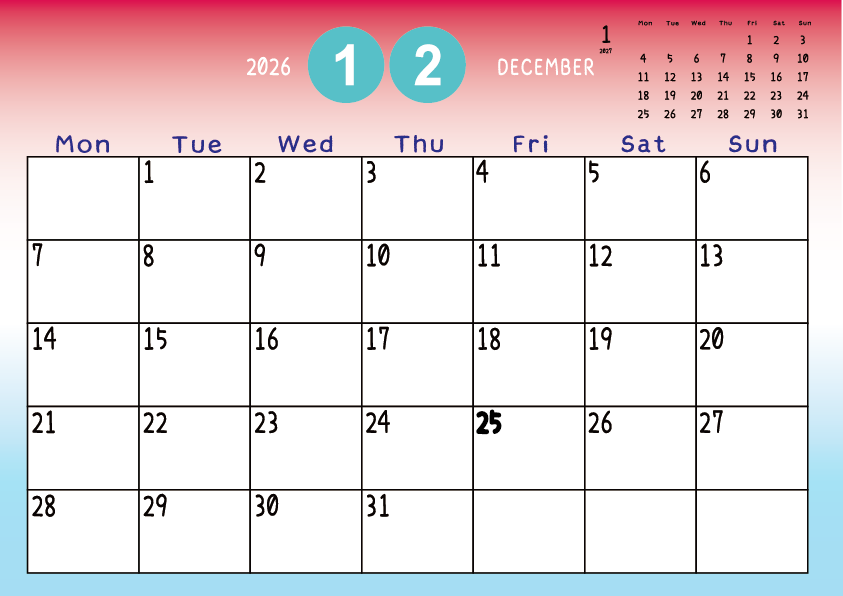 2026年12月　
月曜始まりカレンダー
赤から青へのグラデーション背景に、右上に翌月のミニカレンダーを配置したデザイン
主なUSHolidayが太字
A Monday-start December 2026 calendar with a red-to-blue gradient background and a small preview of the July 2026 calendar in the upper right corner, with major US holidays shown in bold.