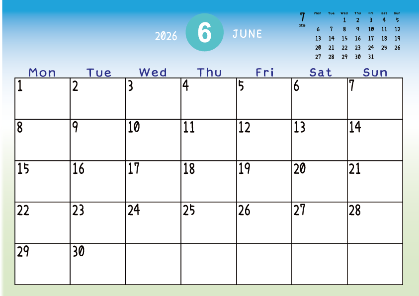 2026年6月　
月曜始まりカレンダー
青から緑へのグラデーション背景に、右上に翌月のミニカレンダーを配置したデザイン
主なEUHolidayが太字
A Monday-start June 2026 calendar with a blue-to-green gradient background and a small preview of the July 2026 calendar in the upper right corner, with major EU holidays shown in bold.