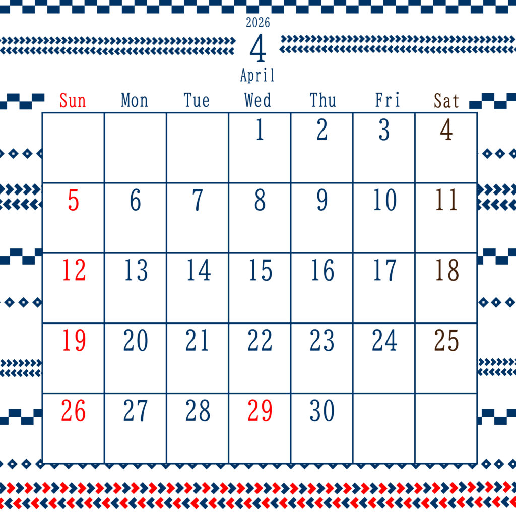 2026年4月のカレンダー
中央上部に“January 2026”と表示され、日曜は赤、土曜は茶色、平日は青
上下に編み物の青と赤の装飾が施された、北欧風デザイン
サイズ2000×2000PX
JPEG