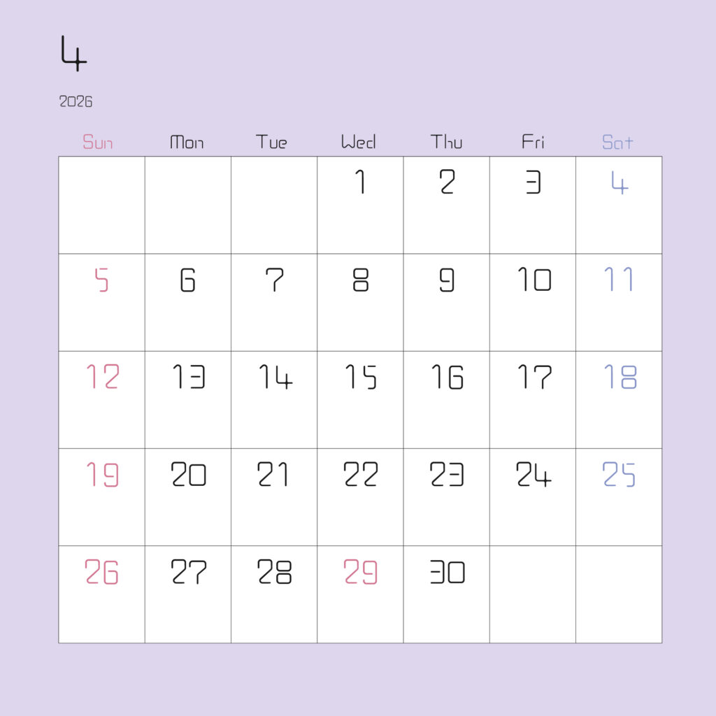 2026年４月の月間カレンダー
上部左寄せで2026と１の数字
日曜始まりで、日曜はピンク、土曜は水色で表されている
枠が薄い紫色
サイズ2000×2000PX
JPEG