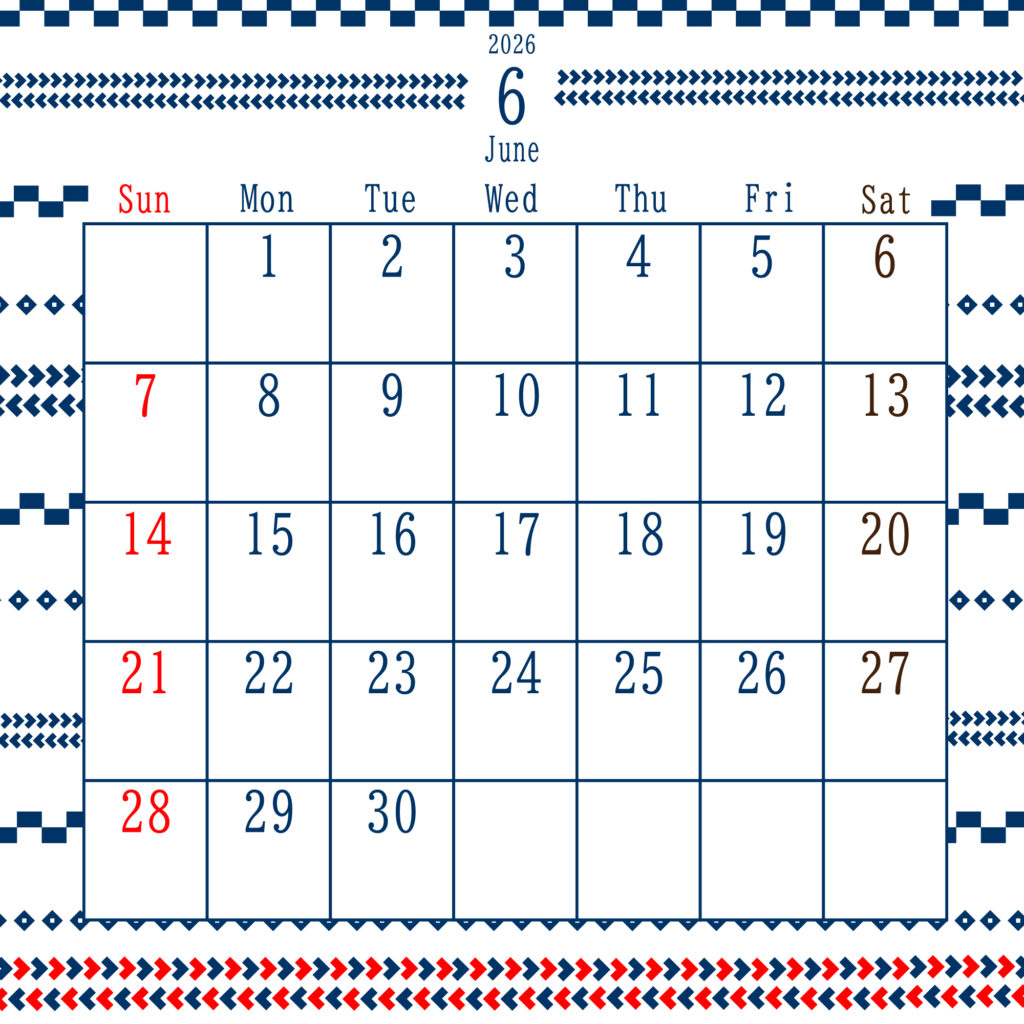 2026年6月のカレンダー
中央上部に“January 2026”と表示され、日曜は赤、土曜は茶色、平日は青
上下に編み物の青と赤の装飾が施された、北欧風デザイン
サイズ2000×2000PX
JPEG