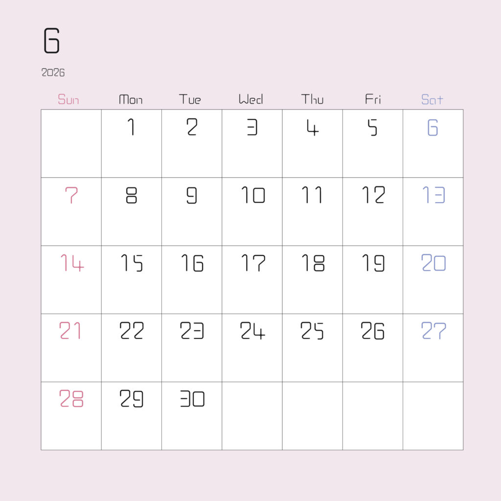 2026年６月の月間カレンダー
上部左寄せで2026と１の数字
日曜始まりで、日曜はピンク、土曜は水色で表されている
枠がスモークピンク
サイズ2000×2000PX
JPEG