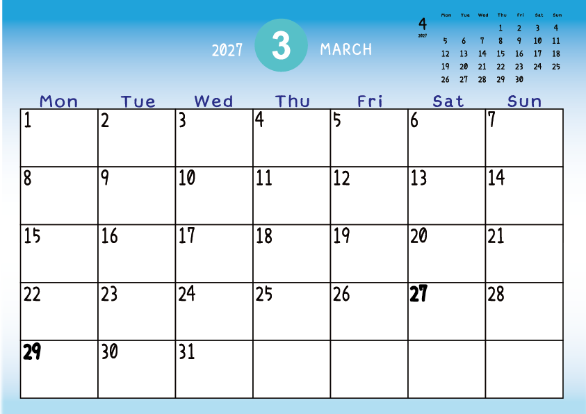 2027年3月　
月曜始まりカレンダー
青のグラデーション背景に、右上に翌月のミニカレンダーを配置したデザイン
主なEUHolidayが太字
A Monday-start March 2027 calendar with a blue gradient background and a small preview of the April 2027 calendar in the upper right corner, with major US holidays shown in bold.