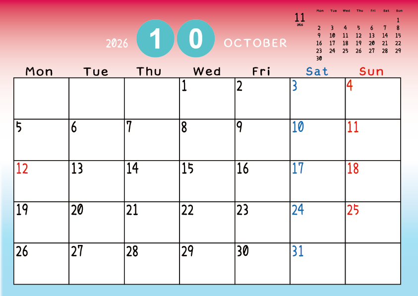 2026年10月　
月曜始まりカレンダー
赤から青へのグラデーション背景に、右上に翌月のミニカレンダーを配置したデザイン
平日が黒、土曜日が青、日曜祝日が赤字
A Monday-start October 2026 calendar with a red-to-blue gradient background and a small preview of the November 2026 calendar in the upper right corner, with weekdays in black, Saturdays in blue, and Sundays and holidays in red.
