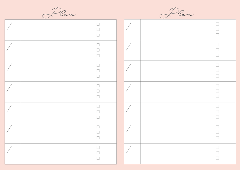 週間予定表
背景ベビーピンク　文字と枠は黒
字体Mina
予定表の上中央に「Plan」
A4サイズで縦に２週間分記入できる
各表の左側枠に月日を書く斜め線
右側の枠は空欄と枠の後ろ1/4のところに３つの四角を縦に配置してチェックリストやTodoリストに使えるようになっている。
曜日が記入されていないため、予定のある日のみ書き込むことができる。
A4サイズ
PDF形式
フリー素材