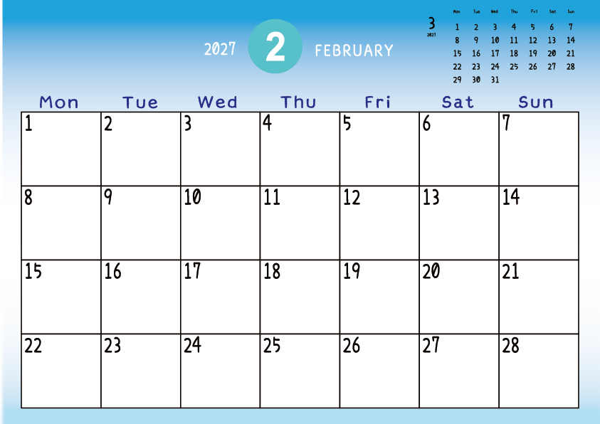 2027年2月　
月曜始まりカレンダー
青のグラデーション背景に、右上に翌月のミニカレンダーを配置したデザイン
主なEUHolidayが太字
A Monday-start February 2027 calendar with a blue gradient background and a small preview of the March 2027 calendar in the upper right corner, with major US holidays shown in bold.