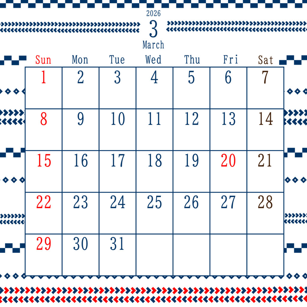 2026年3月のカレンダー
中央上部に“January 2026”と表示され、日曜は赤、土曜は茶色、平日は青
上下に編み物の青と赤の装飾が施された、北欧風デザイン
サイズ2000×2000PX
JPEG