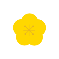 日本の伝統的な梅の柄　黄色
中心に放射状の模様が入った
5枚の丸い花びらを持つのイラスト